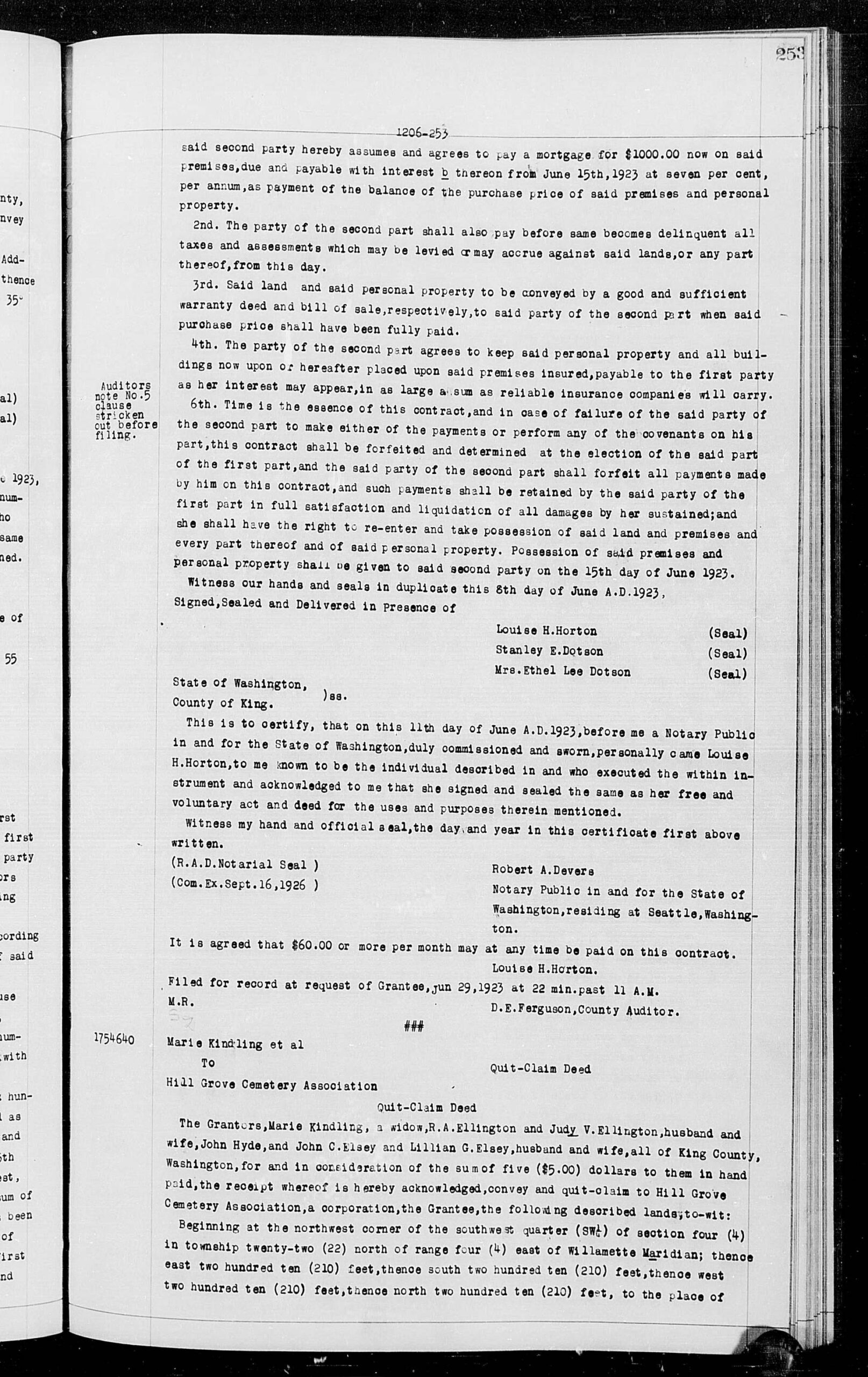 1923 06 28 quit claim deed kindling et al to hill grove cemetery association pdf