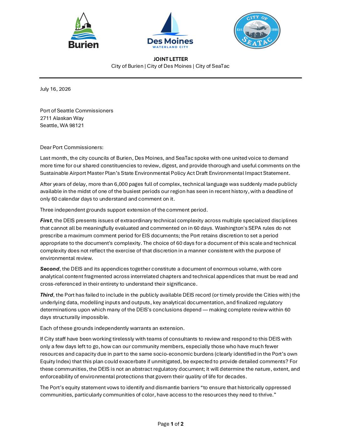 2026 07 16 joint letter burien des moines and seatac ask for fair SEPA deis process pdf
