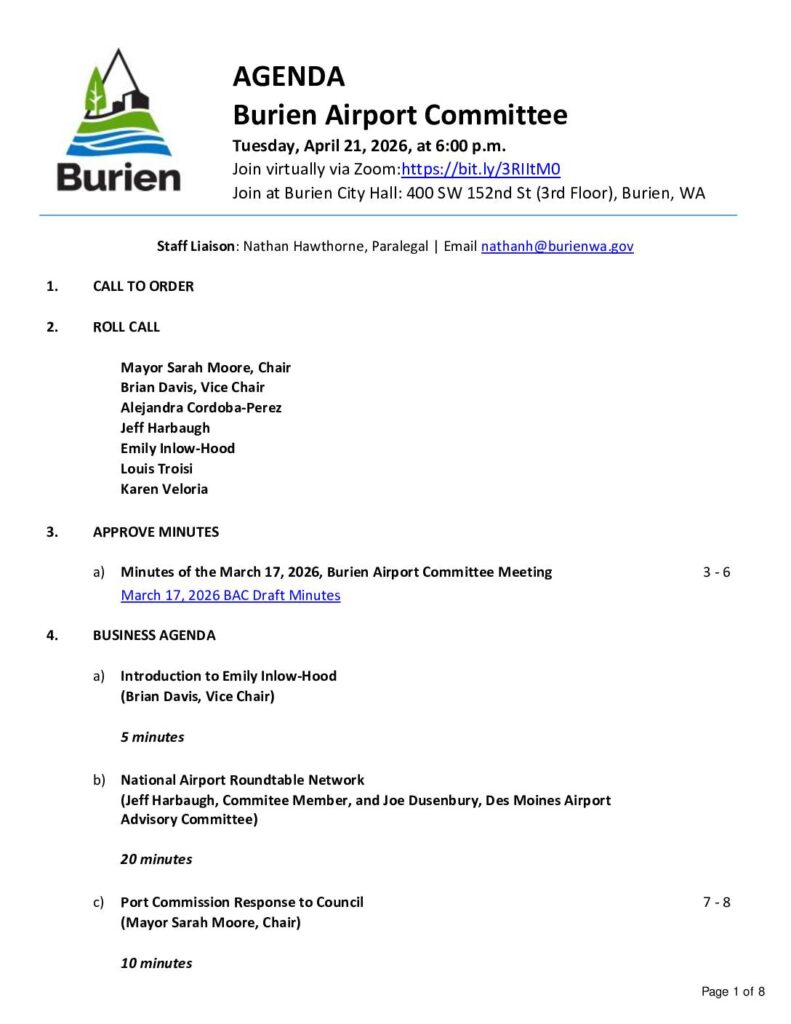 Burien Airport Committee 21 Apr 2026 Agenda Pdf Pdf
