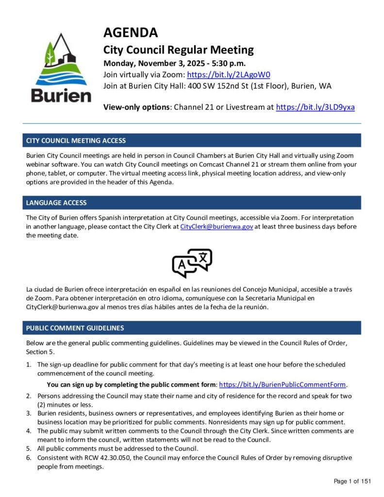 Burien City Council Regular Meeting 03 Nov 2025 Agenda Pdf
