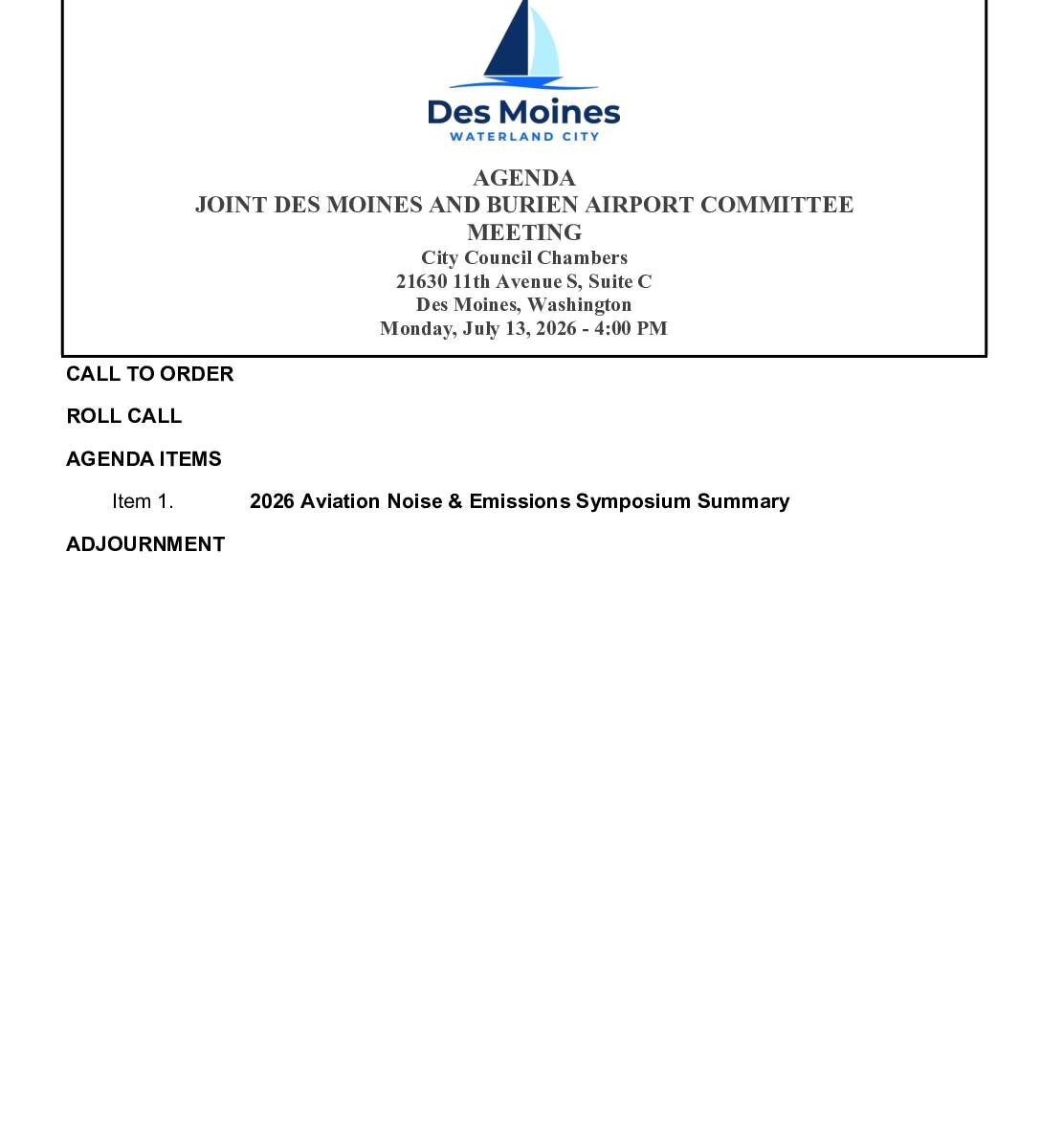 July 13 2026 joint des moines and burien airport committee meeting agenda packet pdf