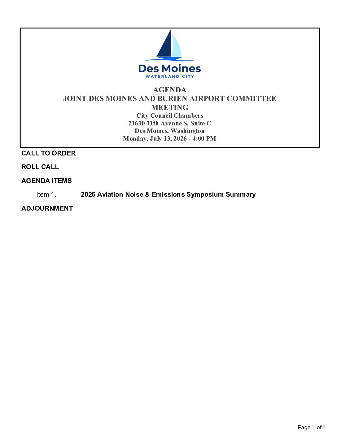 July 13 2026 joint des moines and burien airport committee meeting agenda packet pdf