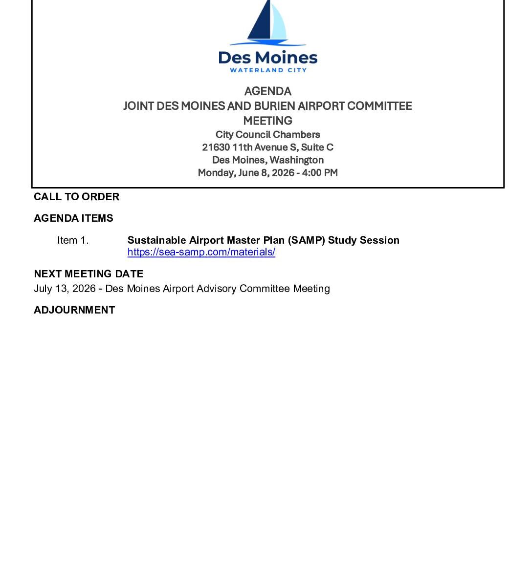 June 08 2026 joint des moines and burien airport committee meeting agenda pdf