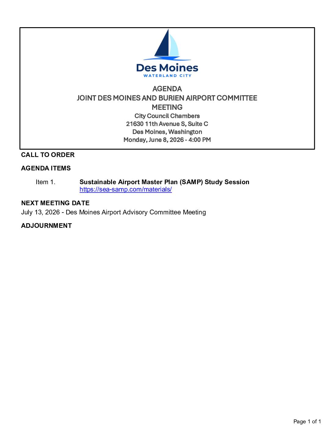 June 08 2026 joint des moines and burien airport committee meeting agenda pdf