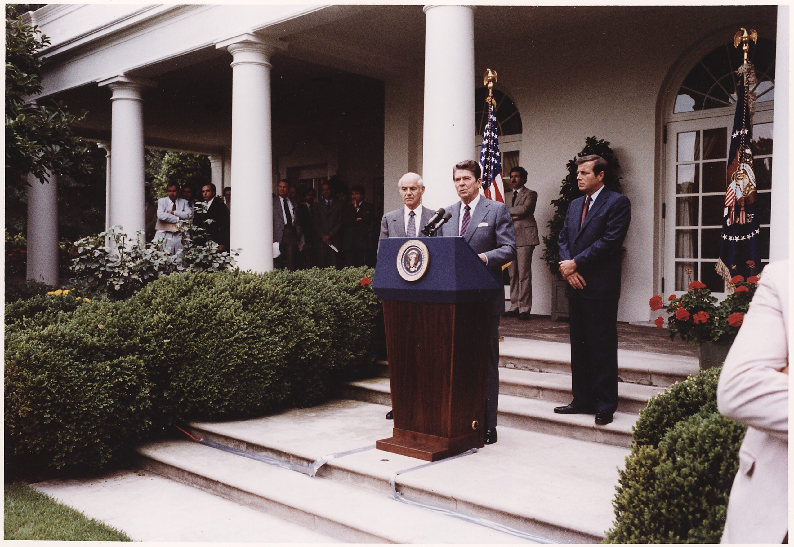 Photograph of President Reagan Making Remarks on Air Traffic Controllers Strike in the Rose Garden NARA 198519 2