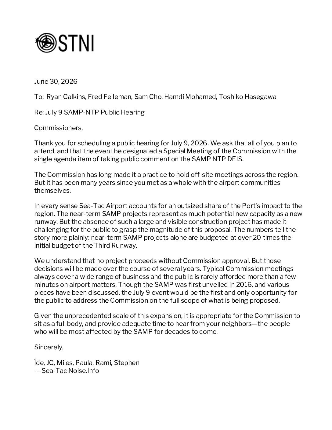 Stni letter to port commission on SAMP public hearing june 30 2026 pdf