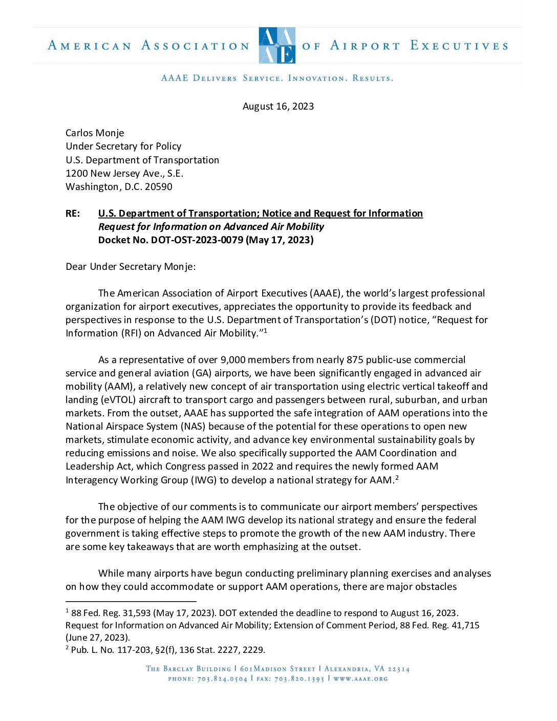 Aaae 2023 08 16 response dot rfi advanced air mobility docket dot ost 2023 0079 pdf