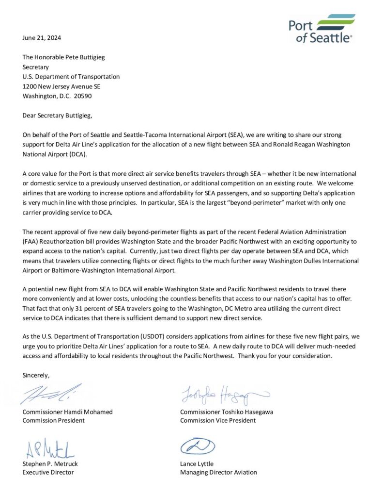 Dot ost 2024 0065 port of seattle letter delta sea DCA application 2024 06 21 pdf
