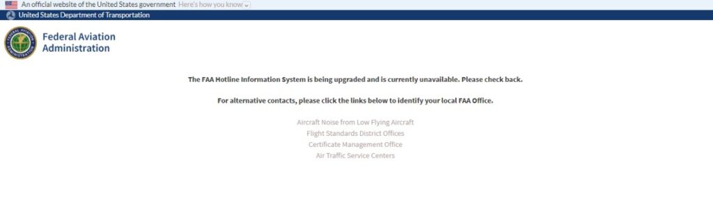 FAA Hotline Information System HNIS showing system unavailable message, August 2022