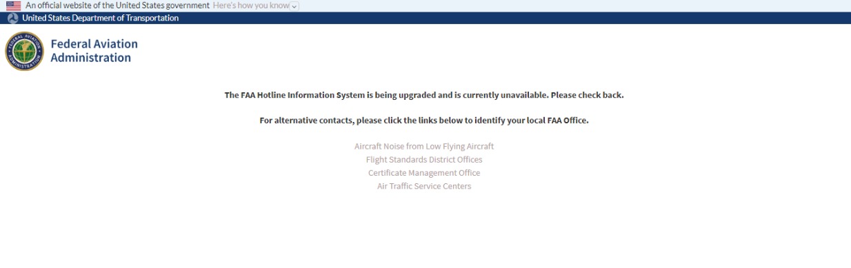 FAA Hotline Information System HNIS showing system unavailable message, August 2022