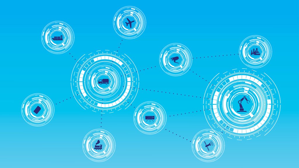 Multimodal logistics network diagram with truck airplane ship train icons