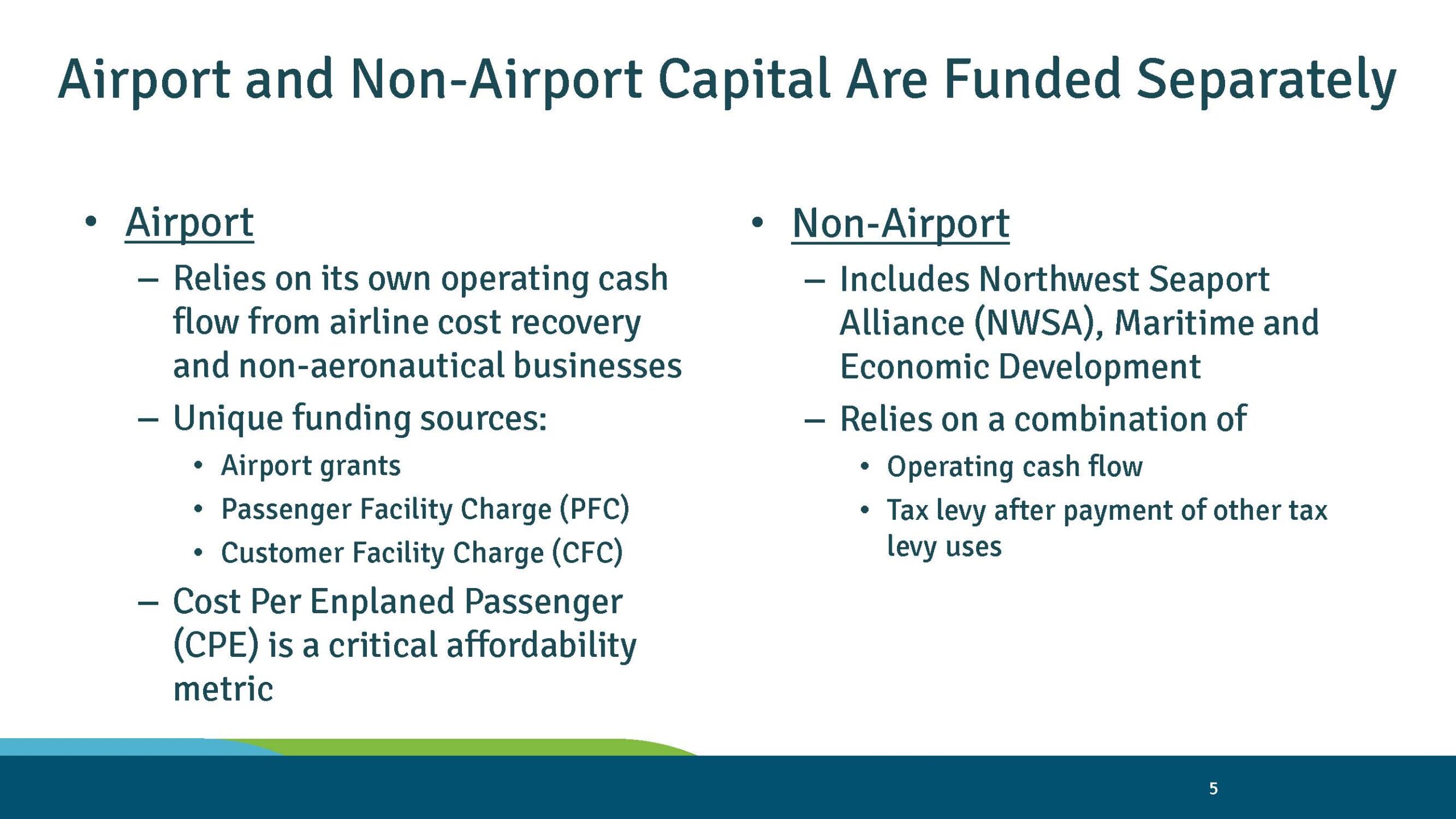 Port of Seattle slide: airport and non-airport capital are funded separately