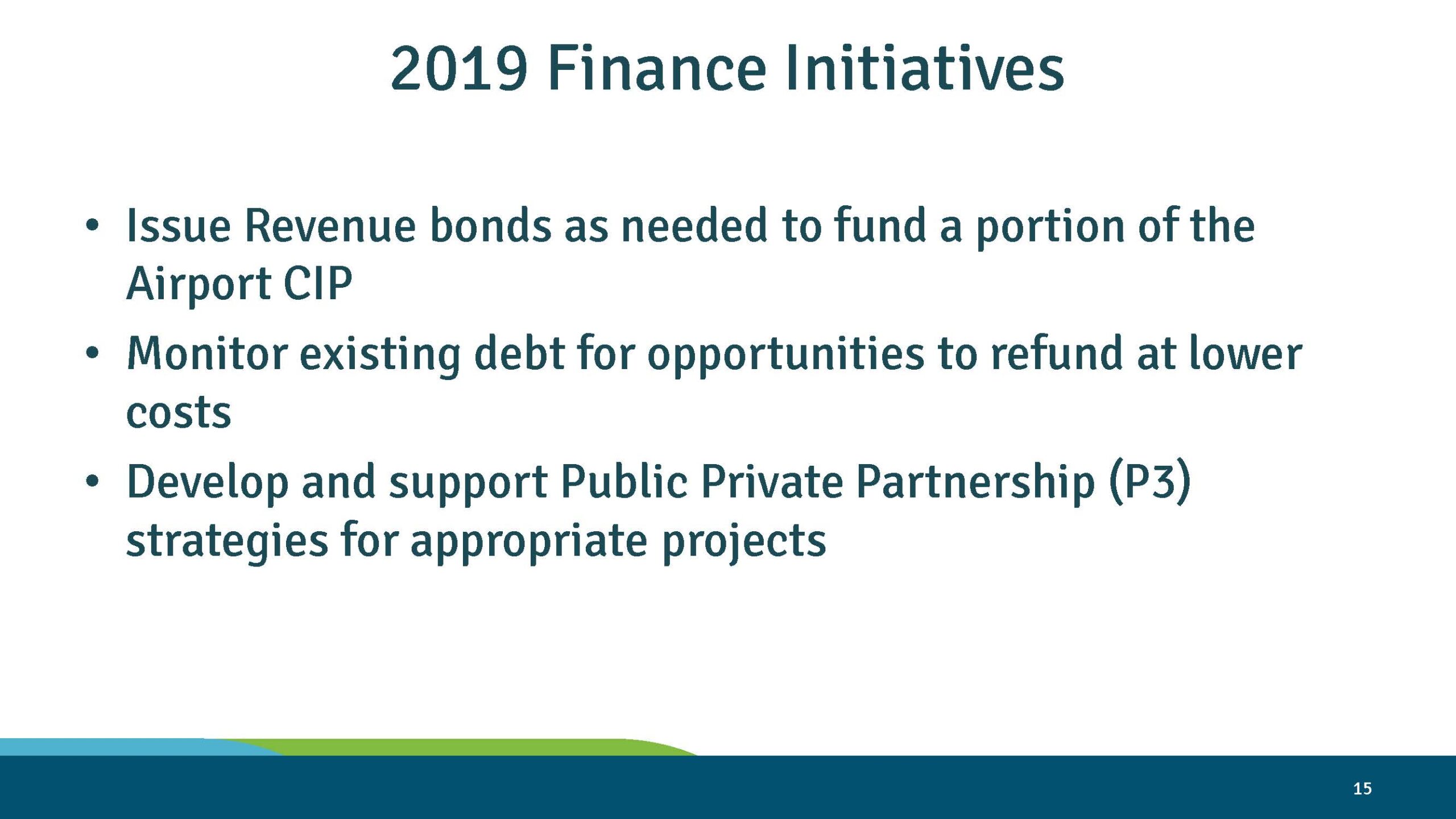 Port of Seattle slide: 2019 Finance Initiatives including revenue bonds and P3 strategies