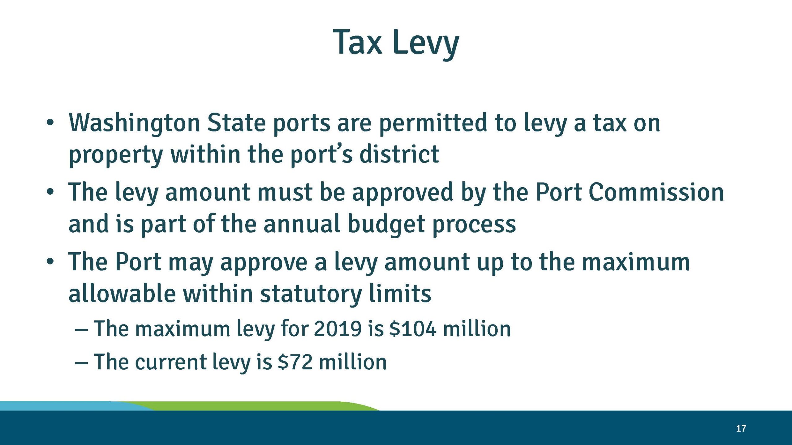 Port of Seattle slide: tax levy statutory background, max 2019 levy $104 million