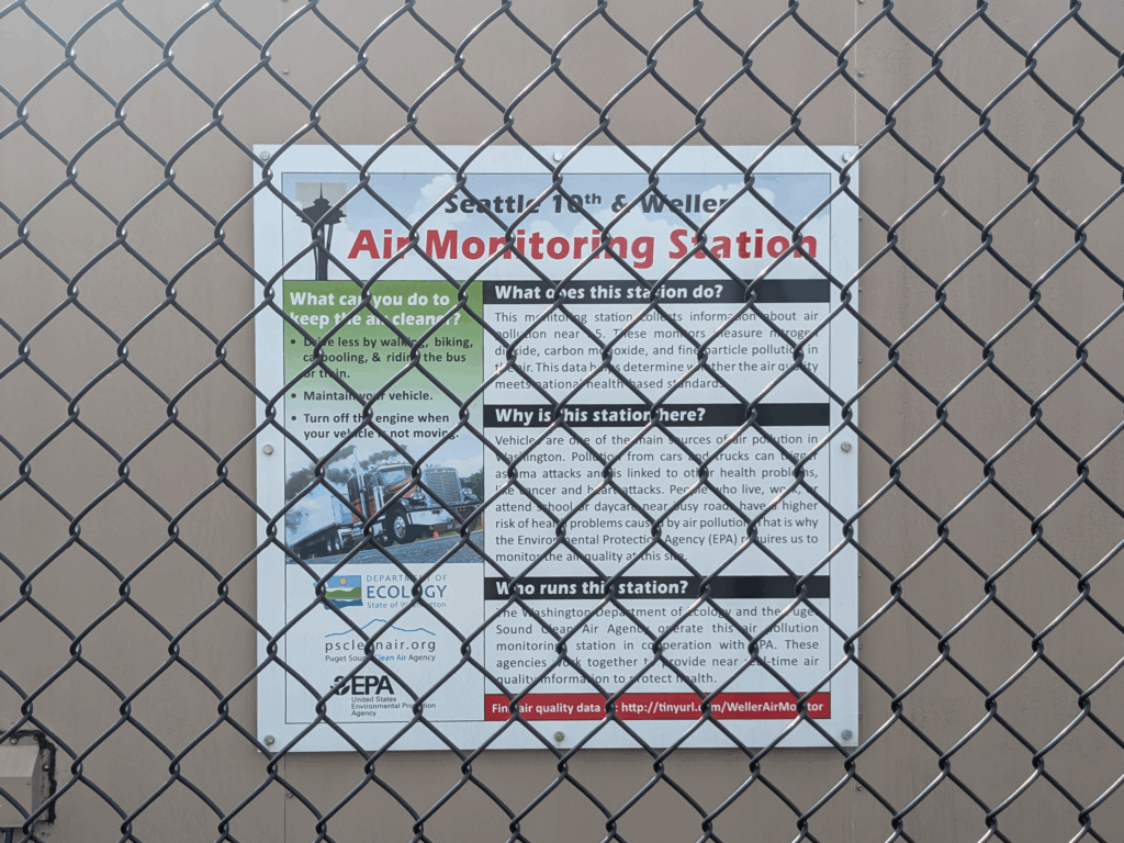 PSCAA air quality monitoring station sign at 10th and Weller, Seattle