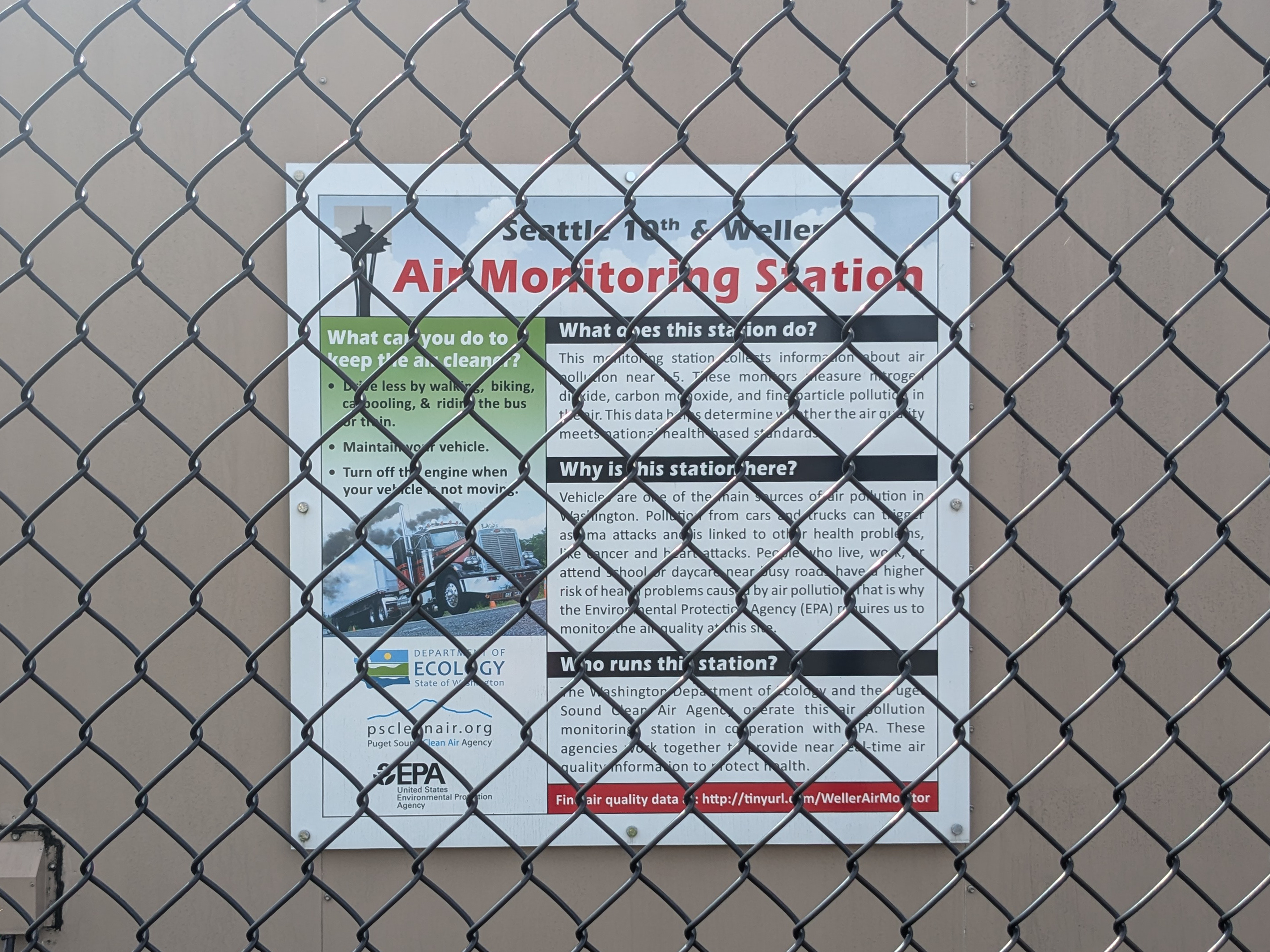 PSCAA air quality monitoring station sign at 10th and Weller, Seattle