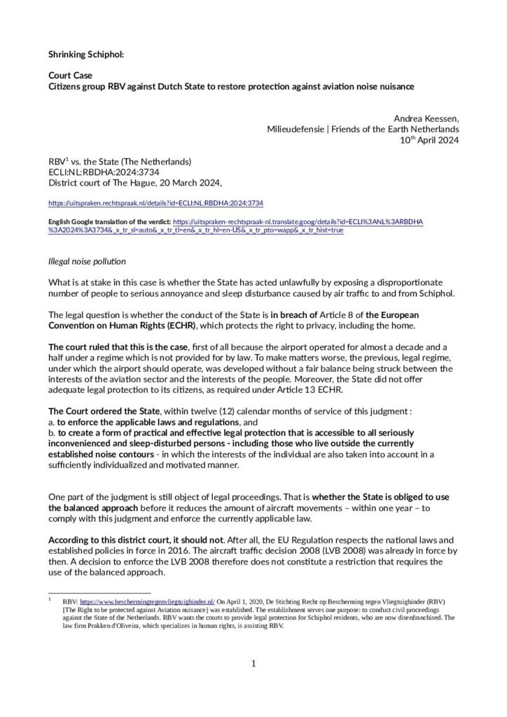 Rbv vs netherlands schiphol echr article8 noise court case summary 2024 04 10 pdf