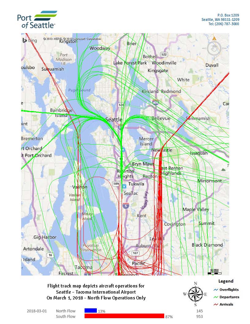 Sea-Tac Airport daily flight track map, March 1 2018, north flow operations