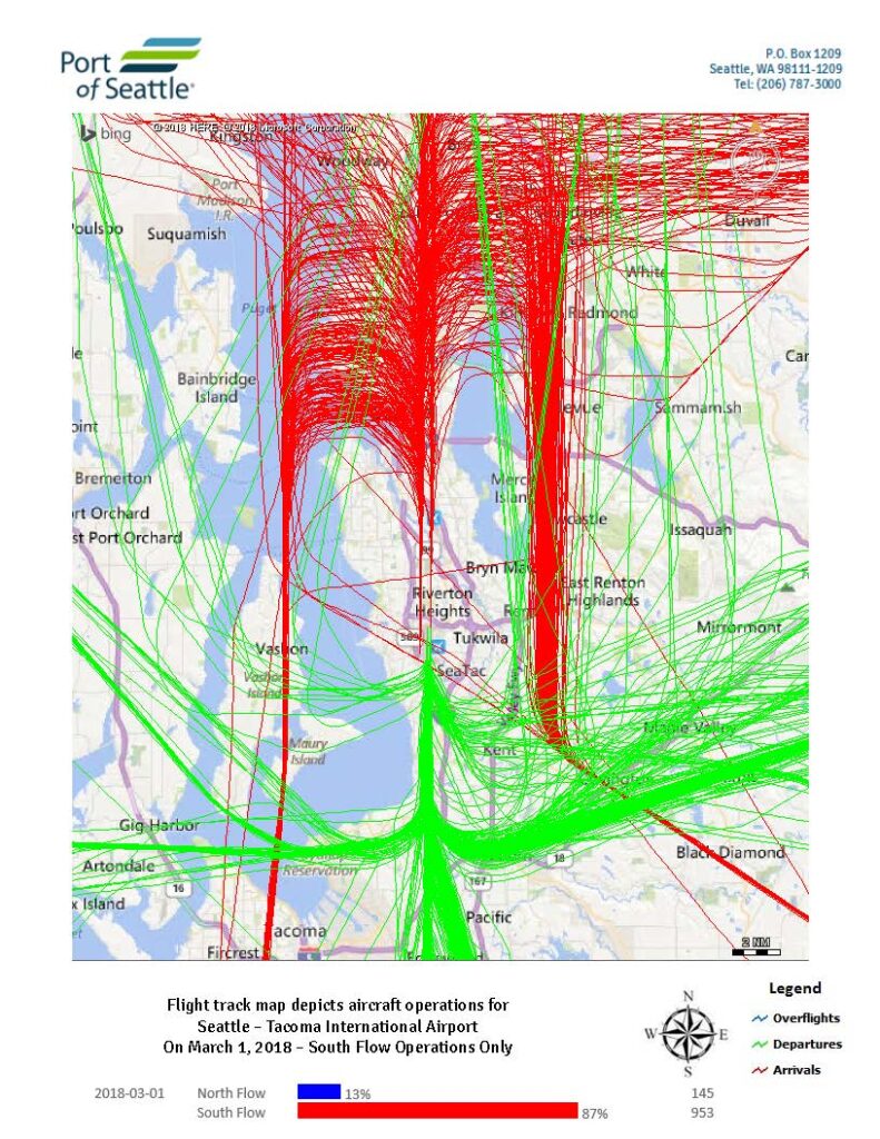 Sea-Tac Airport daily flight track map, March 1 2018, south flow operations