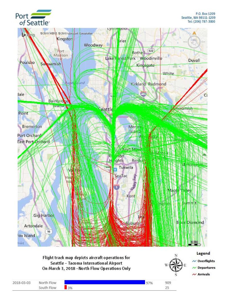 Sea-Tac Airport daily flight track map, March 3 2018, north flow operations