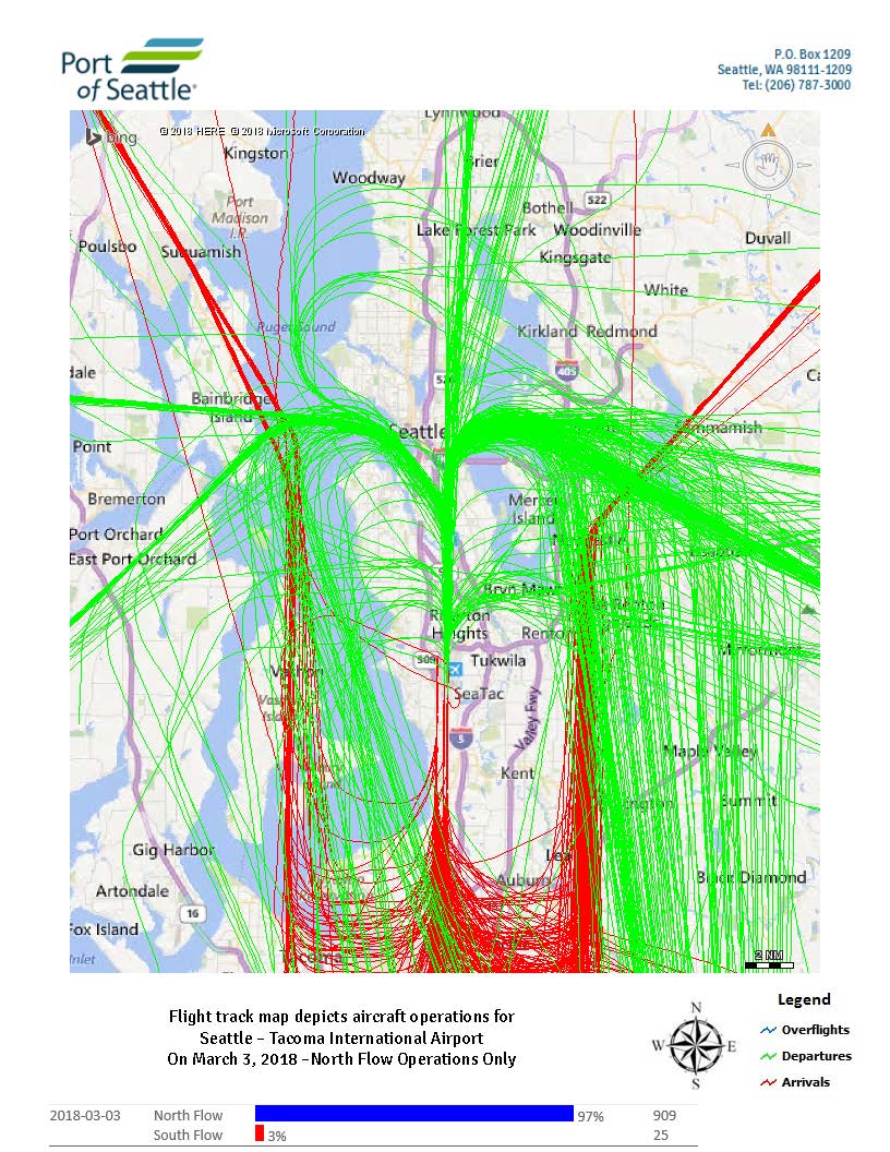 Sea-Tac Airport daily flight track map, March 3 2018, north flow operations