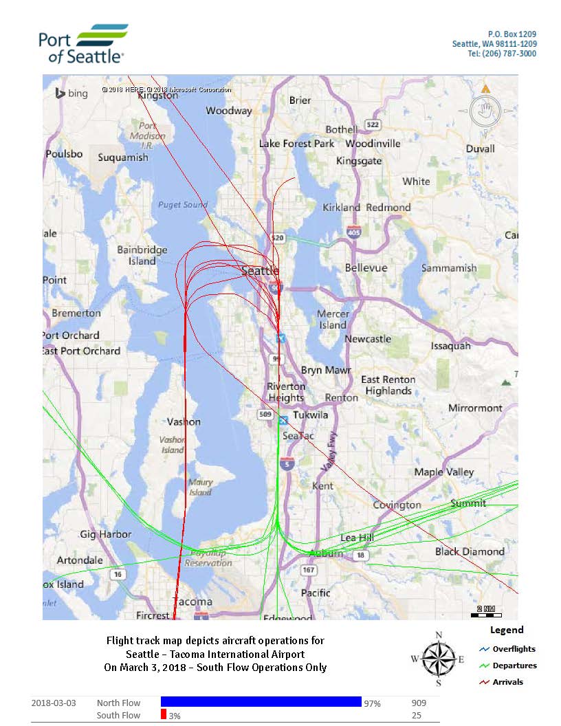 Sea-Tac Airport daily flight track map, March 3 2018, south flow operations