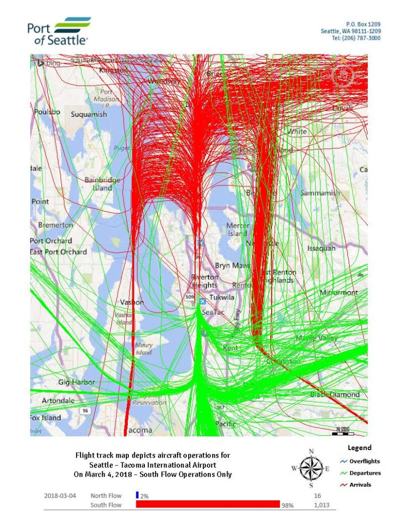 Sea-Tac Airport daily flight track map, March 4 2018, south flow operations