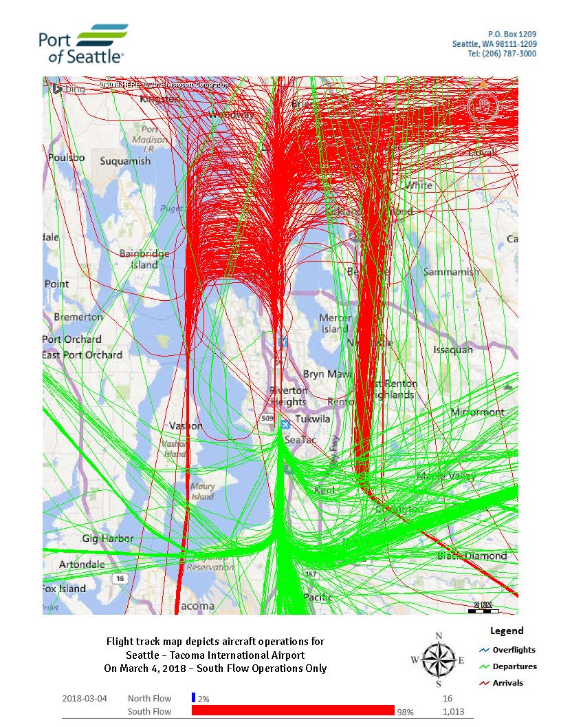 Sea-Tac Airport daily flight track map, March 4 2018, south flow operations