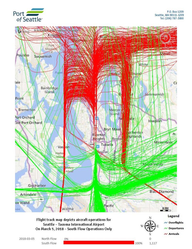 Sea-Tac Airport daily flight track map, March 5 2018, south flow operations