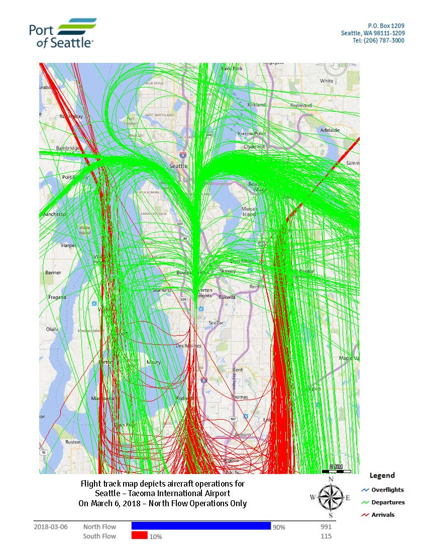 Sea-Tac Airport daily flight track map, March 6 2018, north flow operations