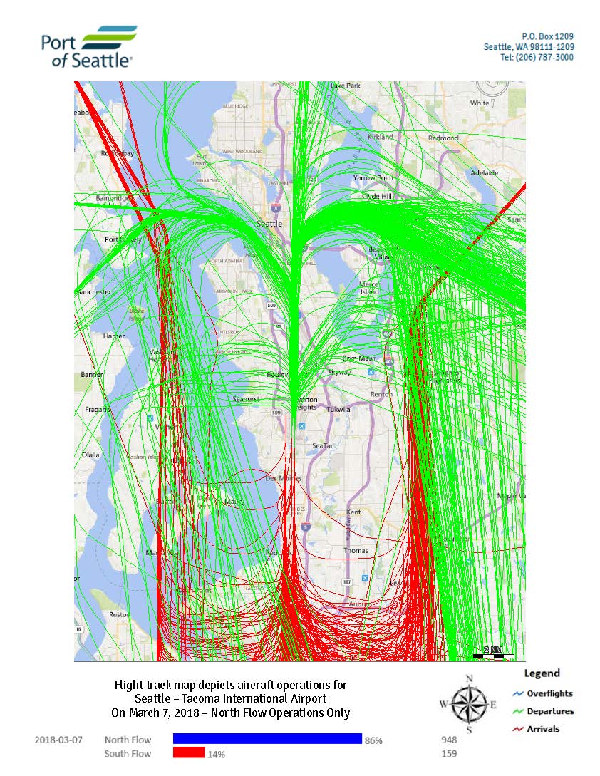 Sea-Tac Airport daily flight track map, March 7 2018, north flow operations