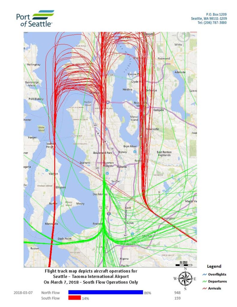 Sea-Tac Airport daily flight track map, March 7 2018, south flow operations