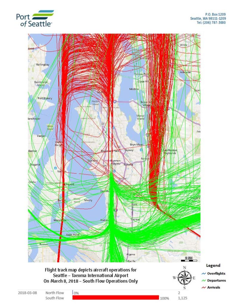 Sea-Tac Airport daily flight track map, March 8 2018, south flow operations