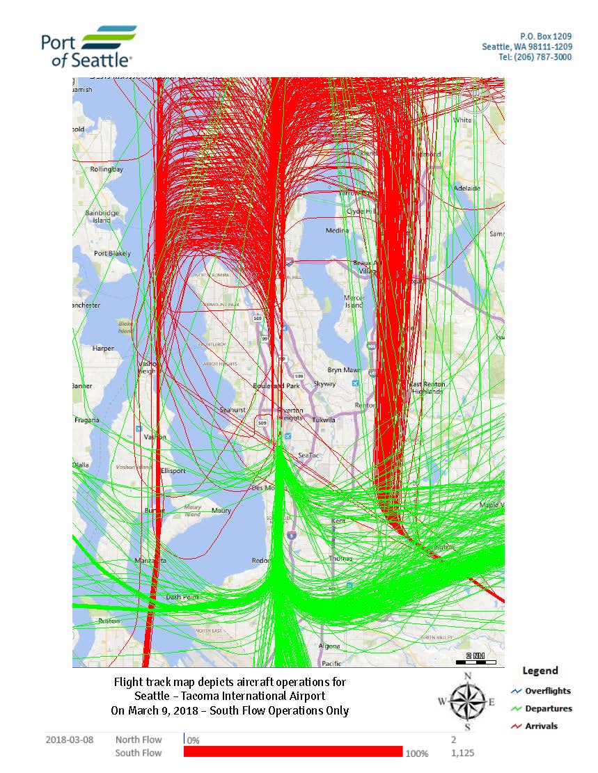 Sea-Tac Airport daily flight track map, March 9 2018, south flow operations