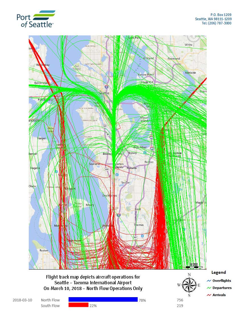 Sea-Tac Airport daily flight track map, March 10 2018, north flow operations