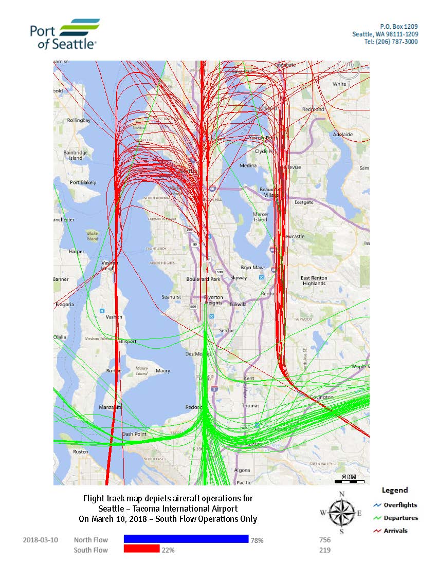 Sea-Tac Airport daily flight track map, March 10 2018, south flow operations