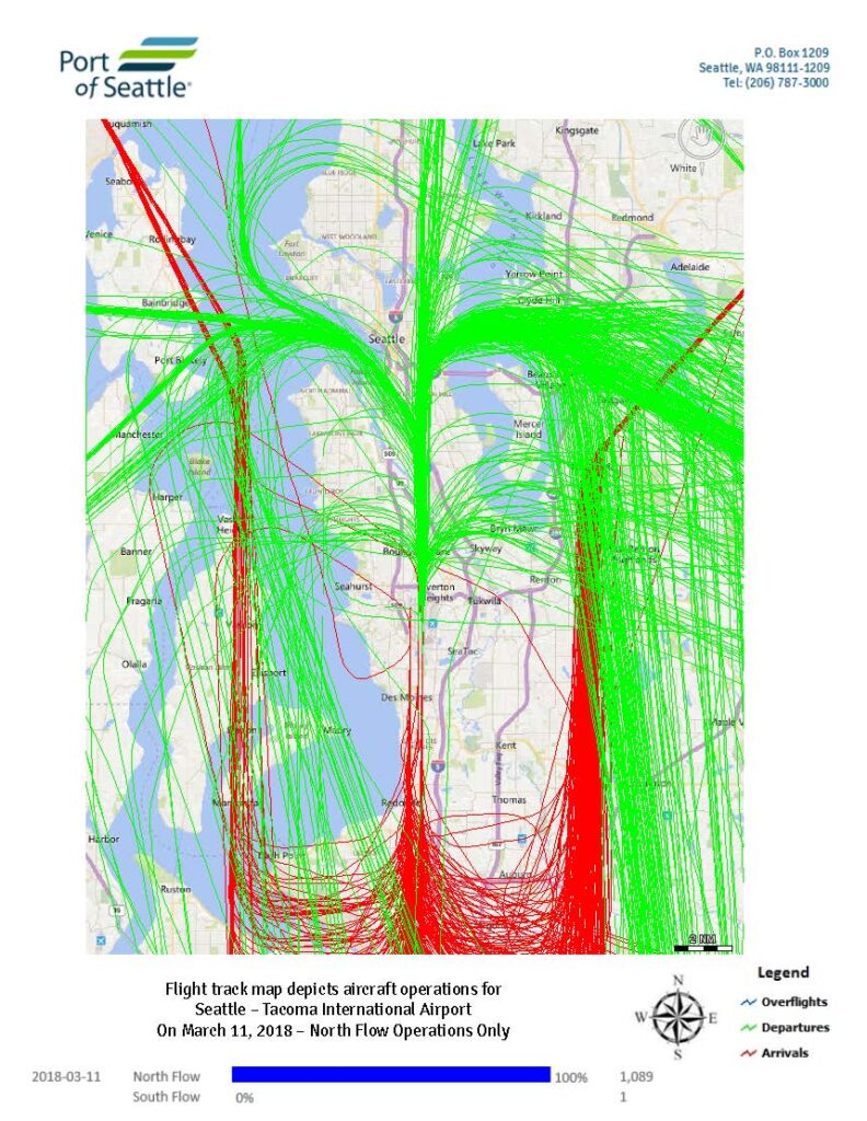 Sea-Tac Airport daily flight track map, March 11 2018, north flow operations