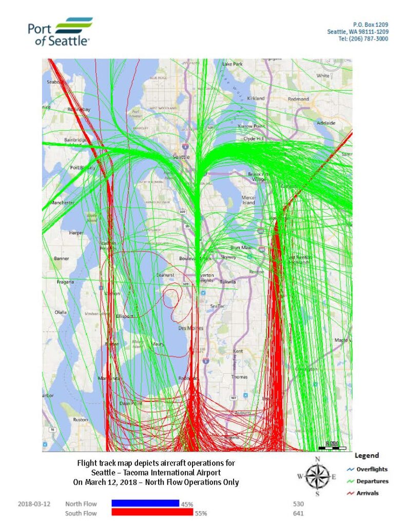 Sea-Tac Airport daily flight track map, March 12 2018, north flow operations