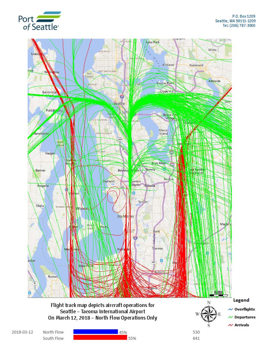 Sea-Tac Airport daily flight track map, March 12 2018, north flow operations