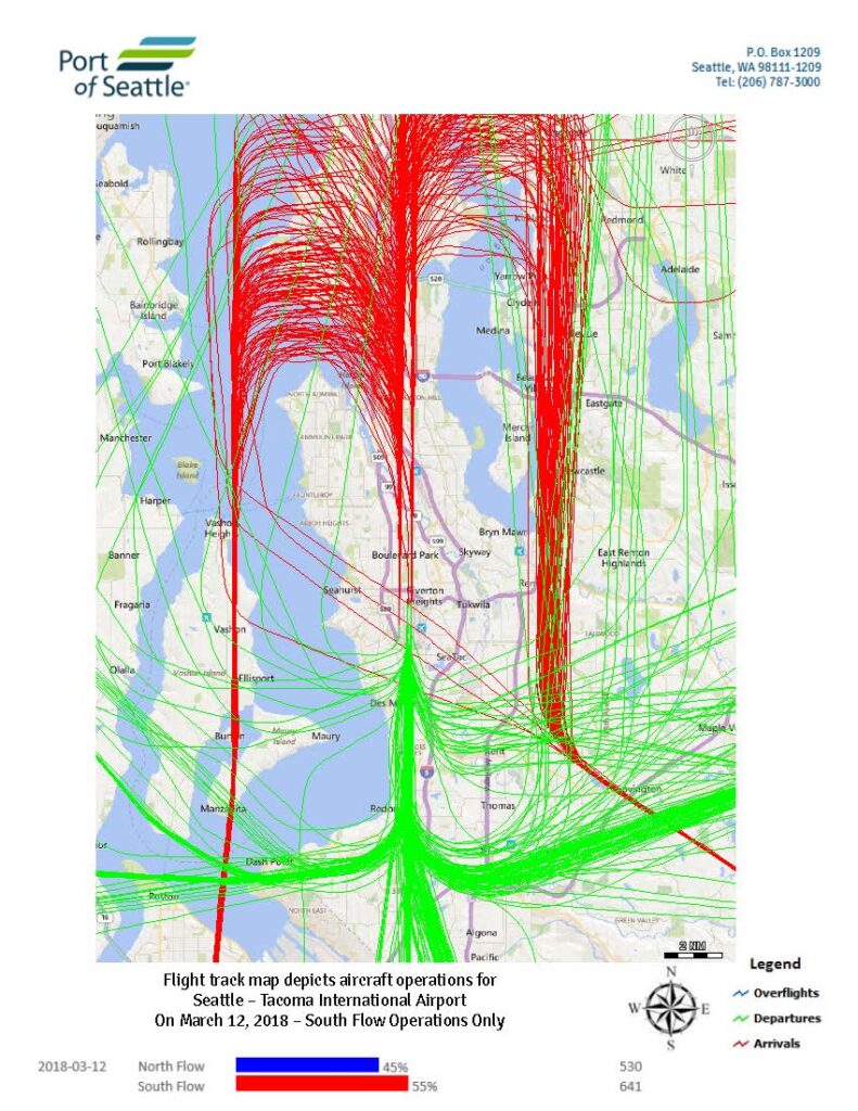 Sea-Tac Airport daily flight track map, March 12 2018, south flow operations