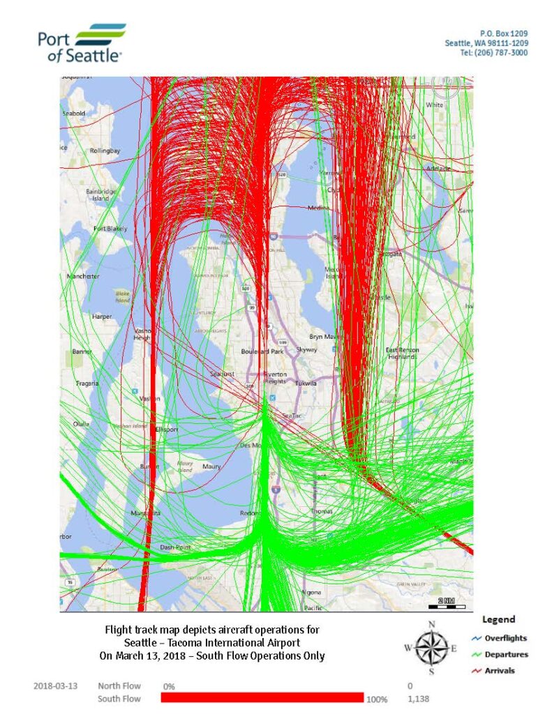 Sea-Tac Airport daily flight track map, March 13 2018, south flow operations