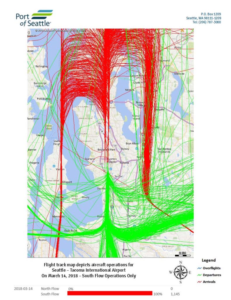 Sea-Tac Airport daily flight track map, March 14 2018, south flow operations