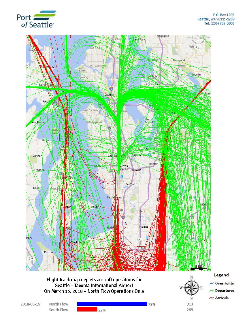 Sea-Tac Airport daily flight track map, March 15 2018, north flow operations