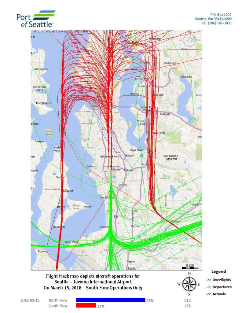 Sea-Tac Airport daily flight track map, March 15 2018, south flow operations