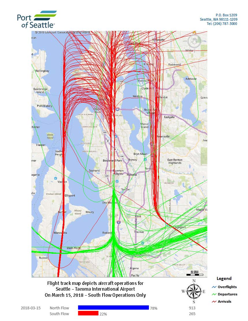 Sea-Tac Airport daily flight track map, March 15 2018, south flow operations
