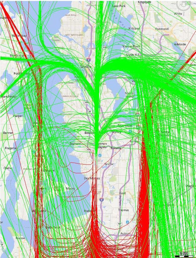 Sea-Tac Airport daily flight track map, March 16 2018, north flow operations