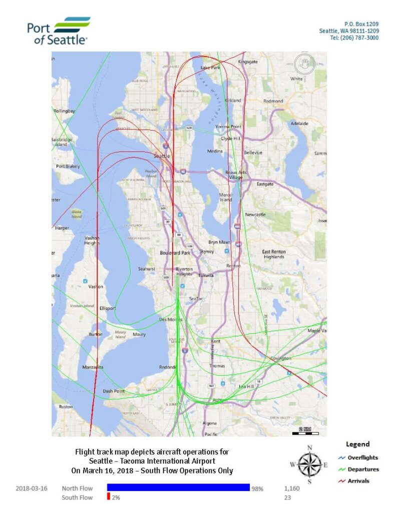 Sea-Tac Airport daily flight track map, March 16 2018, south flow operations