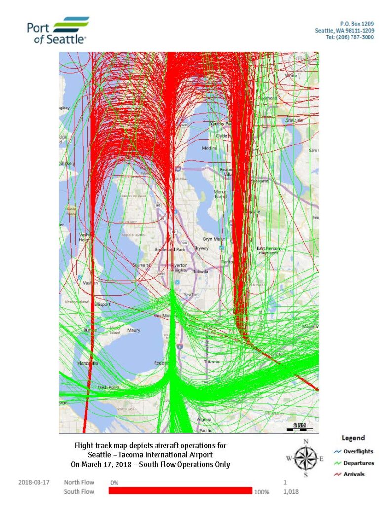 Sea-Tac Airport daily flight track map, March 17 2018, south flow operations