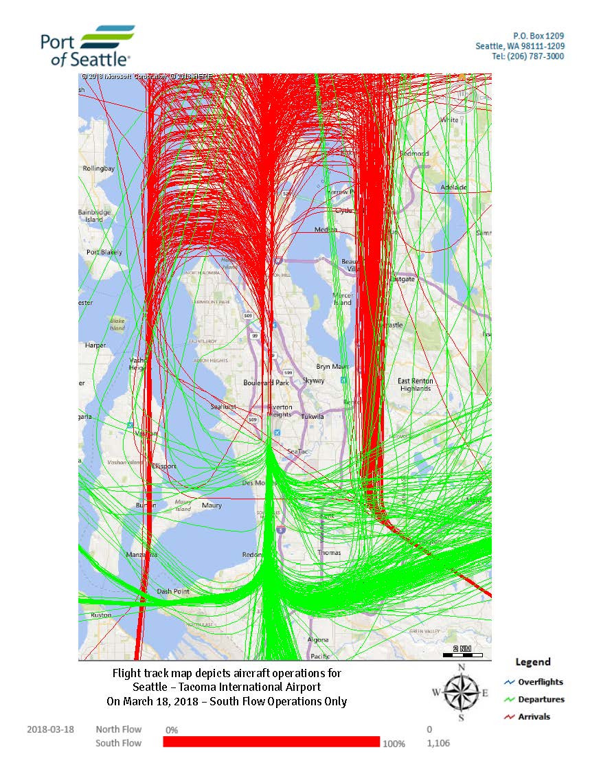 Sea-Tac Airport daily flight track map, March 18 2018, south flow operations