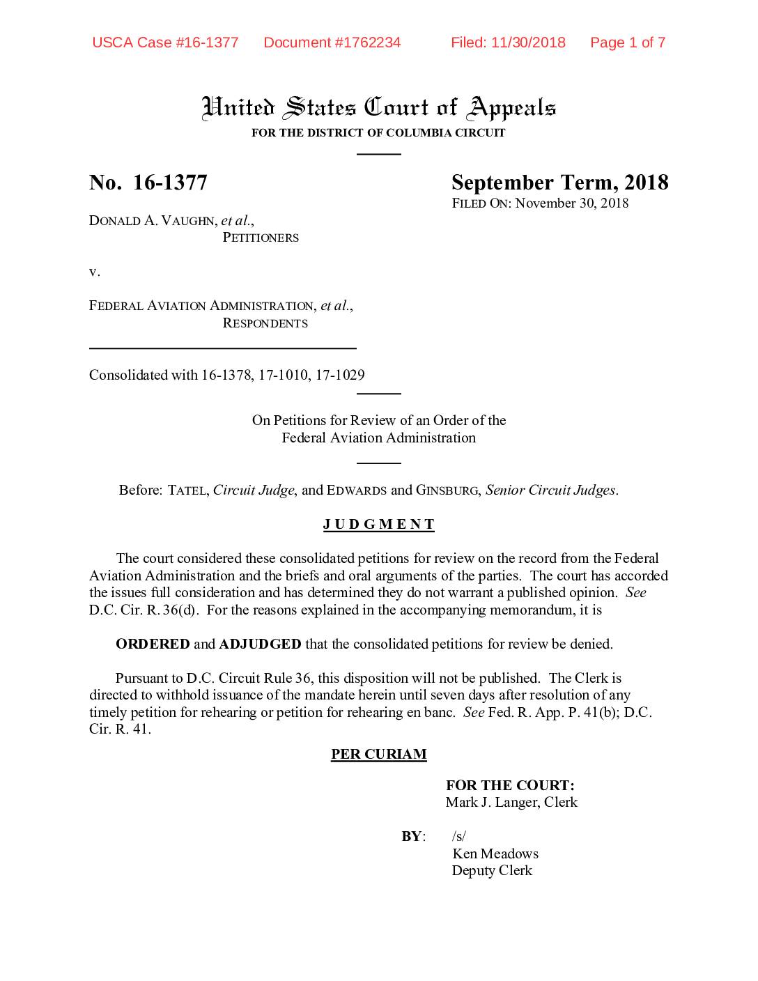 Vaughn v FAA dc circuit no 16 1377 judgment memorandum 2018 11 30 pdf